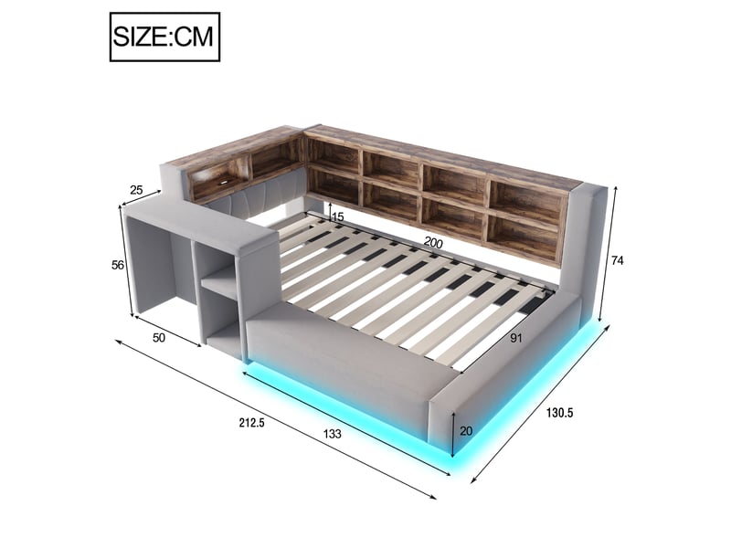  Lit enfant multifonctionnel 90x200 cm - lit simple avec rangement, étagères, led, prises et table d'appoint - gris  - Conforama C