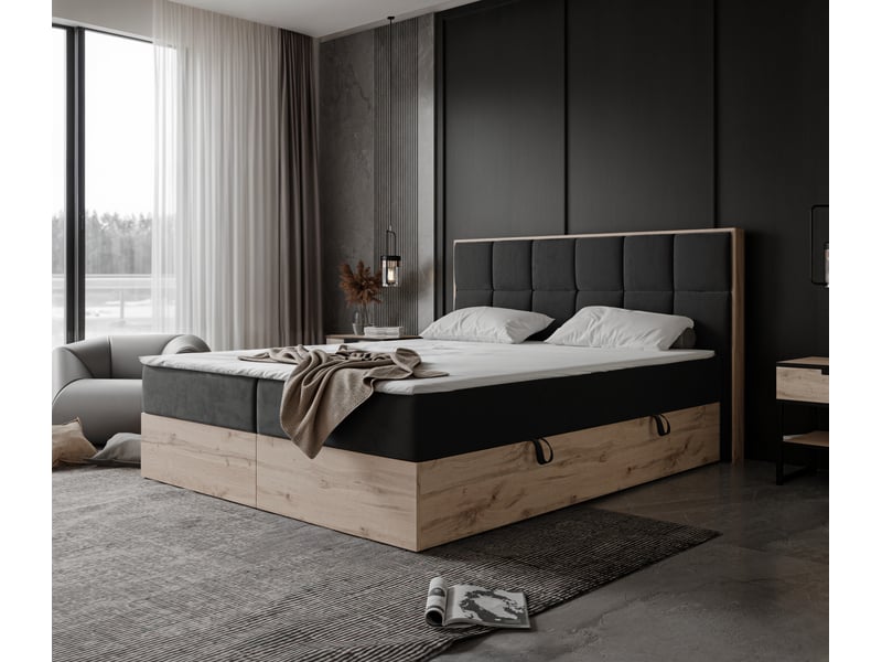 Lit adulte lavio ii - 200x200 cm - matelas ressorts + surmatelas - coffre de rangement - velours doux hydrofuge noir LAVIO II - Conforama B