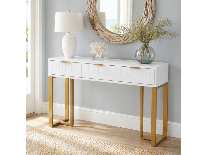  Console moderne 120x36x80 cm avec 3 tiroirs blanc et doré  - Conforama B