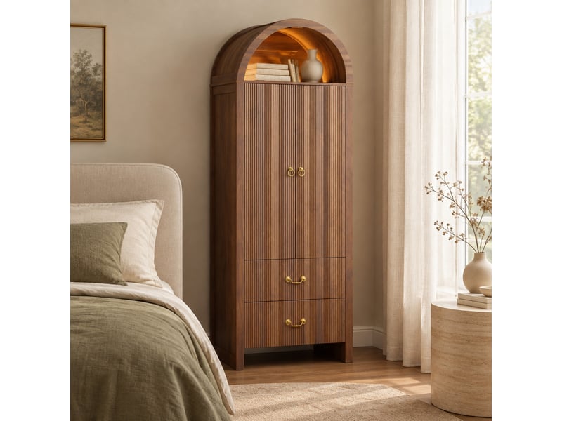  Buffet haut tcqpz 76 x 38 x 180 cm led réglable par application 2 portes 2 tiroirs mdf panneaux de particules noyer  - Conforama B