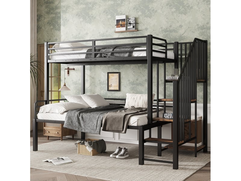  Modenvie lit superposé 90x200 cm et 120x200 cm - avec escalier d angle et rangement, sans matelas - noir  - Conforama B