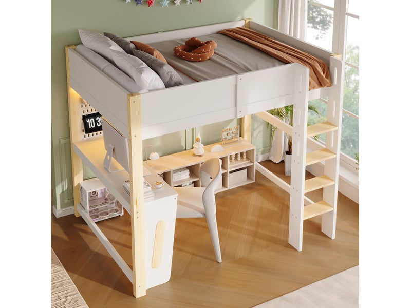  Lit mezzanine 140x200 cm avec bureau et led blanc et naturel  - Conforama E