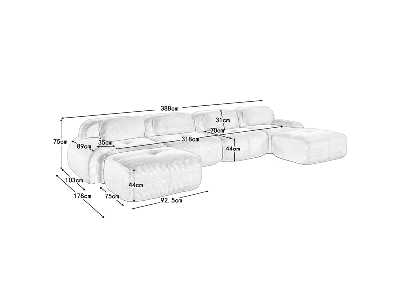 Canapé modulaire u 4 places en velours côtelé,base anti-dérapant,repose-pieds amovibles,accoudoirs xl,ergonomique 32d hautement élastique,vert 388x178x75cm - Conforama E