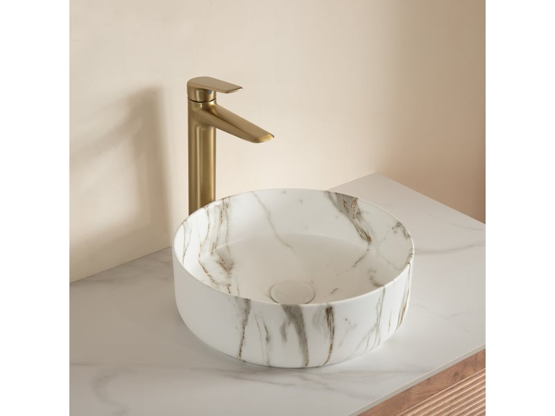  Vasque à poser ronde en céramique avec motif pierre pour salle de bain, finition blanc pierre  - Conforama C