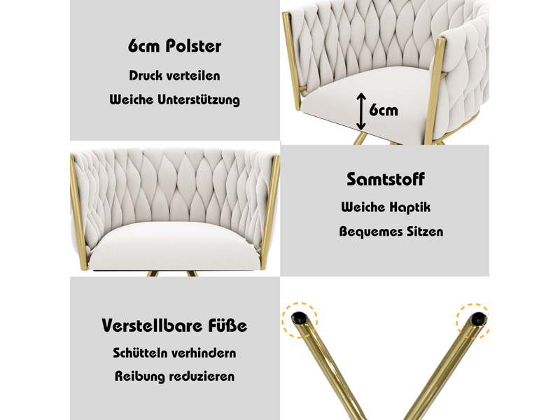  Lot de 2 chaises de salle à manger pivotantes 59x54x72 cm beige et doré, velours, piètement en acier  - Conforama E