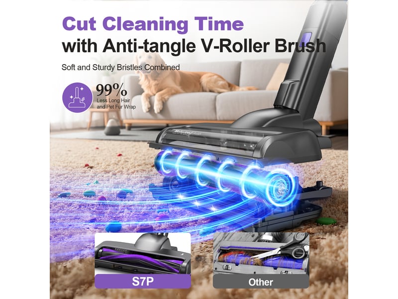  Aspirateur balai sans fil violet avec écran led, brosse rouleau souple, aspiration jusqu'à 26 kpa  - Conforama C