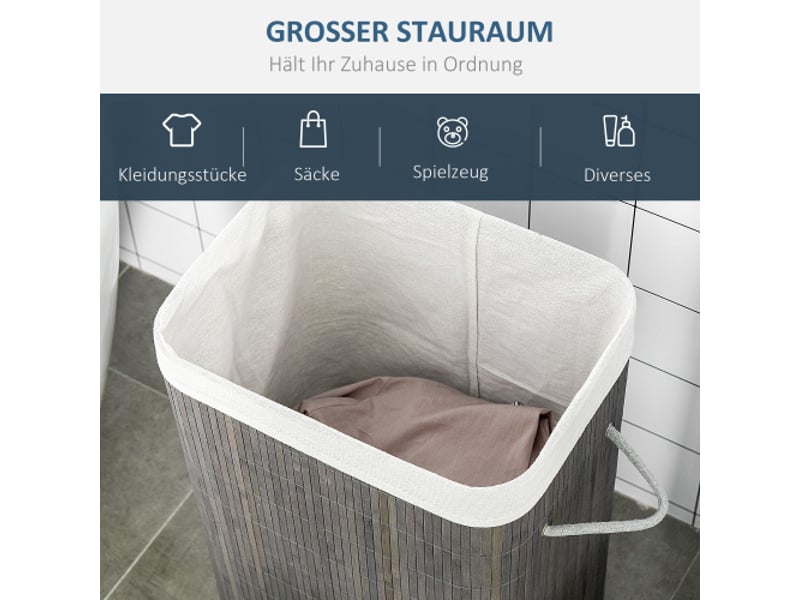  Panier à linge étroit en bambou gris 83l avec couvercle, poignées et sac amovible  - Conforama D