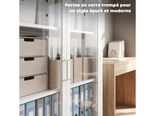 Armoire de bureau avec 2 portes en verre, 2 étagères réglables, meuble de rangement bureau en acier, blanc, 80x40x110cm