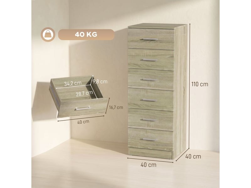  Commode à 6 tiroirs, meuble de rangement, style moderne, pour chambre, couloir, entrée, 40 x 40 x 110 cm, chêne  - Conforama E