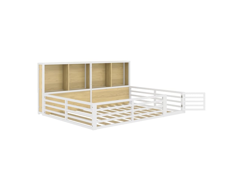  Lit banquette blanc 140 × 200 cm en métal, sommier à lattes, garde-corps et rangement latéral  - Conforama D