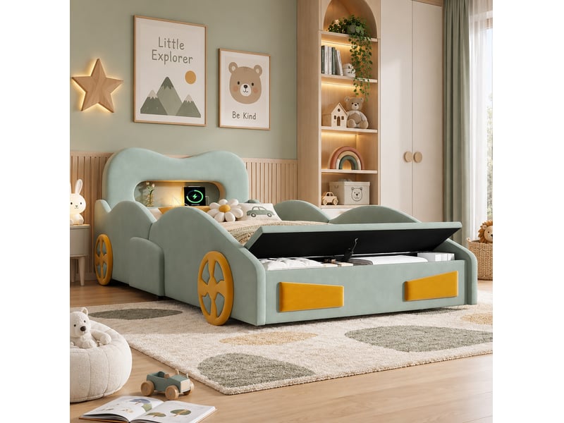 Lit enfant voiture 90x200 cm avec rangement, liseuse et prise de charge en velours vert - Conforama B