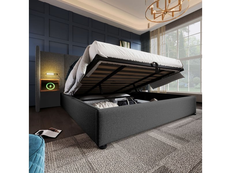  Lit coffre 180x200cm avec table de chevet intégrée - lit rembourré - lampe tactile, ports usb, rangement hydraulique, lin gris  - Conforama B