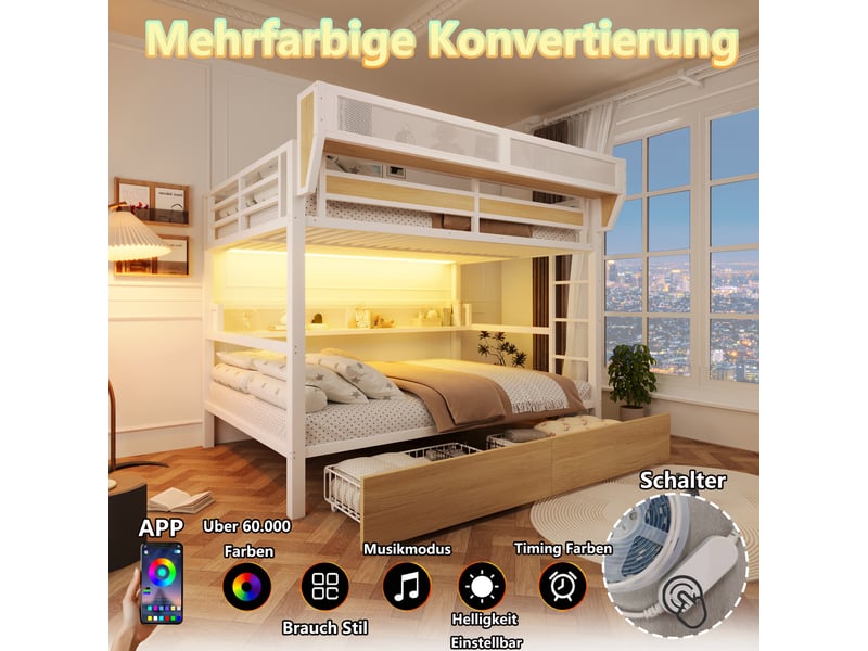  Lit mezzanine 140x200 cm blanc en métal, 2 tiroirs, étagère, panier de rangement et éclairage led, sans matelas  - Conforama E