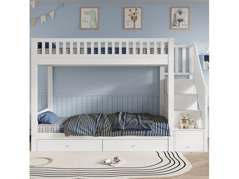  Lit superposé 90 × 200 cm enfant avec escalier de rangement, 2 tiroirs, barrières de sécurité, en bois blanc, chambre  - Conforama D