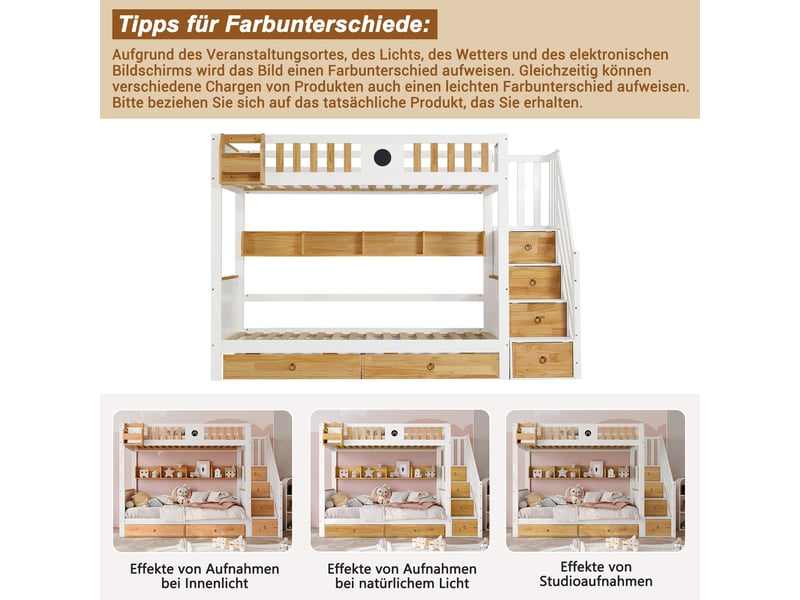  Lit superposé blanc et naturel 90x200 cm, pin et mdf, escalier à 4 rangements, 2 tiroirs, étagères et petit tableau  - Conforama D
