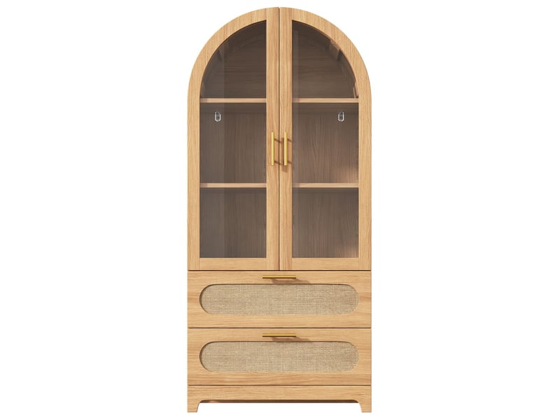  Vitrine 175 x 80 x 40 cm meuble à deux tiroirs meuble de rangement étagères réglables design rétro finition chêne et arc décoratif  - Conforama D