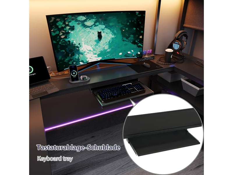  Lit mezzanine gaming 120x200 cm, lit simple avec bureau en u, tablette clavier, prise eu, étagères, led, escalier et structure en métal noir  - Conforama E