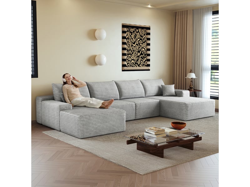  Canapé modulable d’angle en mousse 340 cm, méridienne en l, velours côtelé, assise profonde – gris IKSETERA TRADING LTD - Conforama D