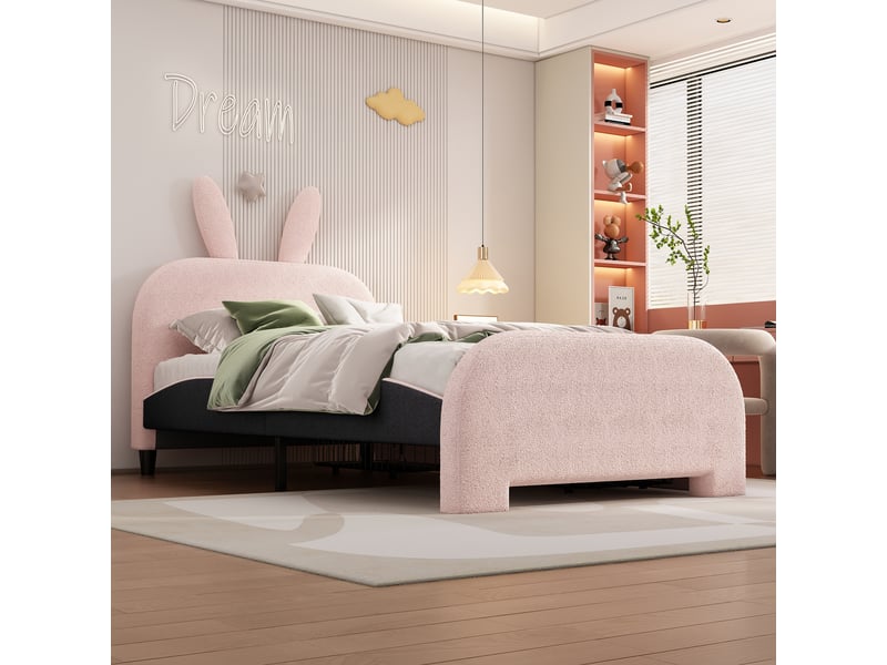  Lit enfant 200×90 cm avec tête de lit lapin rembourrée et 2 tiroirs réversibles, en tissu peluche et mdf rose  - Conforama C