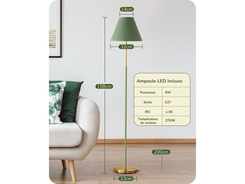  Lampe sur pied retro 158 cm abat-jour vert coton lin e27 led 2700k avec interrupteur au pied 370618_AADAW88161_6_DROPFR - Conforama C