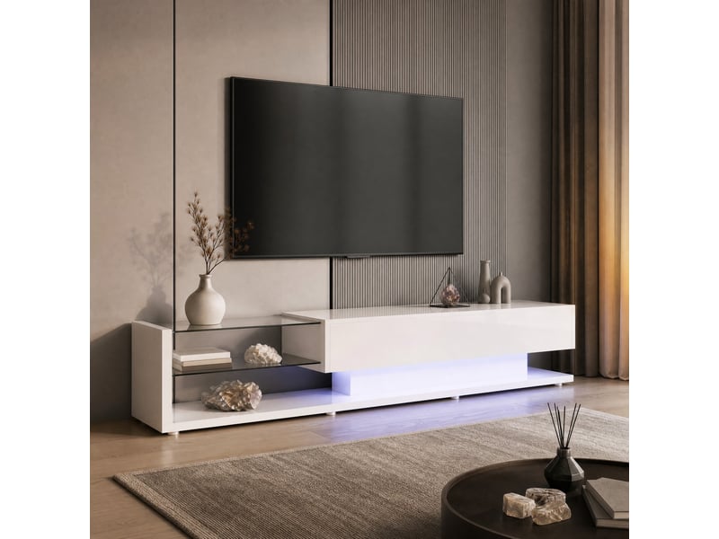  Meuble tv modenvie blanc brillant 170 x 36 x 38 cm 2 tiroirs étagères en verre led multicolore  - Conforama B