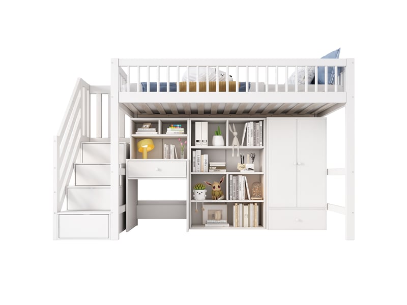 Lit mezzanine enfant 90x200 cm, bureau, escalier de rangement, armoire, sommier à lattes, bois et mdf, blanc sans matelas - Conforama A
