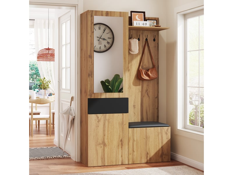 Vestiaire d’entrée avec 5 patères, miroir, meuble à chaussures, tiroirs, étagères et banc - Conforama B