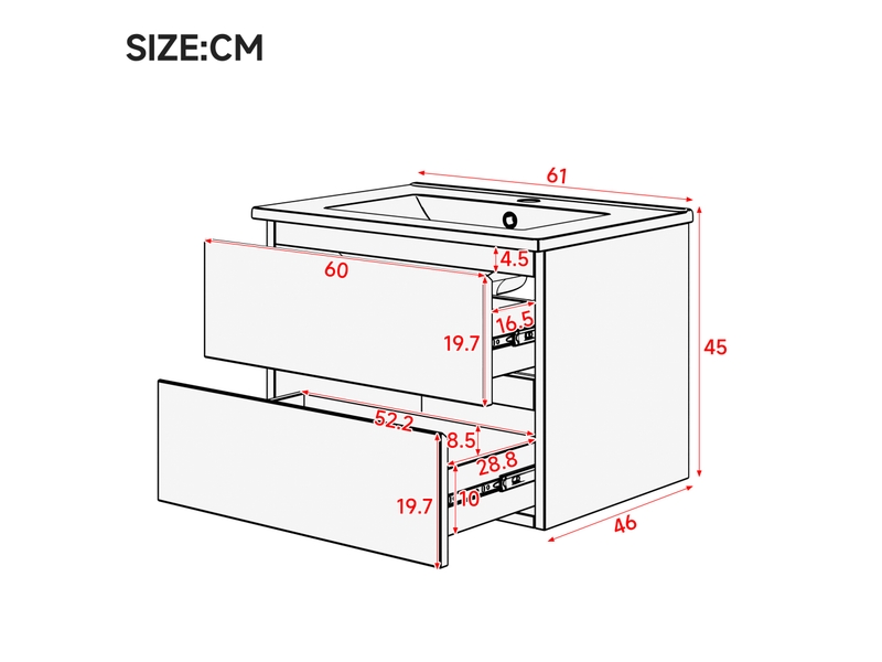 Meuble vasque suspendu 61x46x45 cm avec éclairage led, armoire de rangement avec 2 tiroirs, style moderne, mdf, blanc - Conforama C