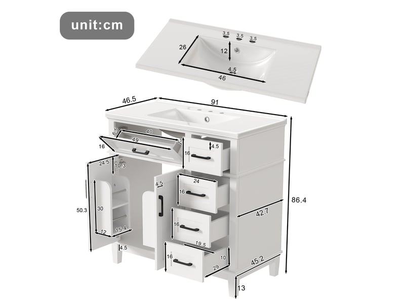 Meuble sous vasque avec lavabo en céramique, 5 tiroirs et 2 portes, pour salle de bain, blanc, 90 × 46 × 87 cm - Conforama E