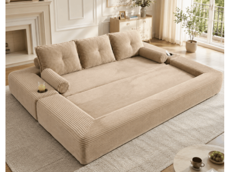  Canapé convertible 3 places avec porte-gobelet -  coussins mémoire, velours côtelé kaki 232 × 98 × 80 cm  - Conforama B