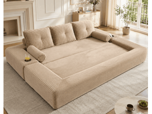 Canapé convertible 3 places avec porte-gobelet -  coussins mémoire, velours côtelé kaki 232 × 98 × 80 cm
