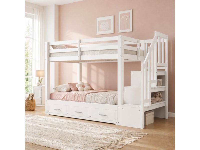  Lit superposé avec couchage inférieur extensible 90180x190 cm et rangements, blanc  - Conforama D
