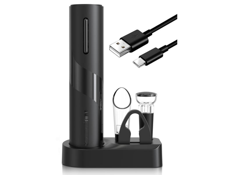  Décapsuleur électrique 5 en 1 avec base de rangement rechargeable, coupe-capsule, bec verseur et bouchon de vin  - Conforama A