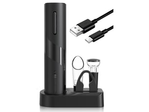 Décapsuleur électrique 5 en 1 avec base de rangement rechargeable, coupe-capsule, bec verseur et bouchon de vin