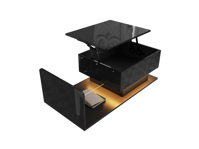  Table basse noire laquée, table d'appoint, table basse avec plateau en verre et éclairage led.  - Conforama D