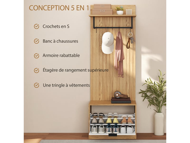  Vestiaire d'entrée avec banc à chaussures et 4 crochets coloris chêne 60 x 30 x 170 cm  - Conforama D