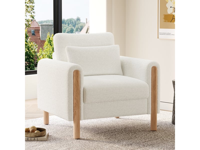  Fauteuil d'accent 87x83x88.5cm – fauteuil salon individuel avec coussin épais et oreiller lombaire – peluche – blanc  - Conforama B