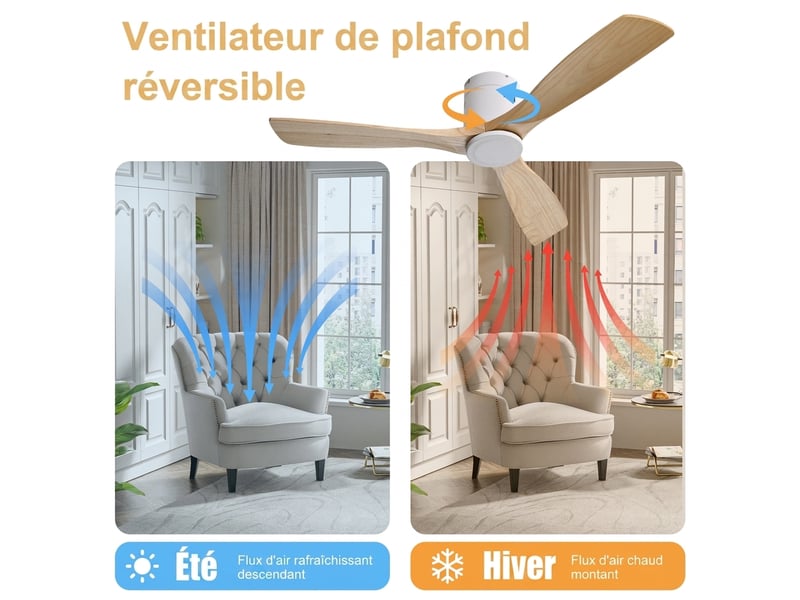 Ventilateur de plafond bois 132 cm, moteur dc silencieux, sans lumière, télécommande, 6 vitesses, réversible - Conforama E