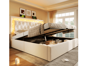 Lit coffre 2 places 160x200 cm, usb et type-c, matelas inclus, beige, en velours led intégré