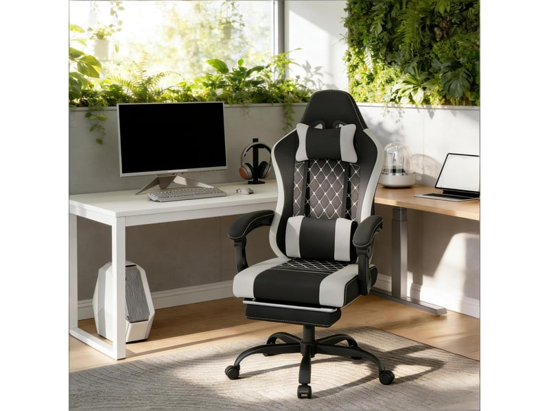  Chaise de bureau ergonomique 70 x 70 x 119,5-127 cm - gaming massage inclinable 145° avec repose-pieds retractable - tissu  - noir et gris  - Conforama E