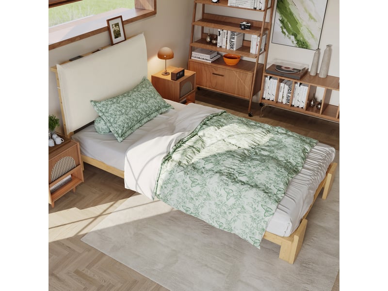 Lit simple 90x200 cm tête de lit rembourrée à fixation autoagrippante en bois et tissu coloris naturel  - Conforama D