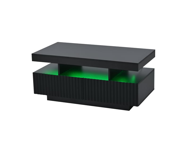  Table basse 100 x 50 x 45 cm avec deux tiroirs, à rayures verticales, thermoformée, table de salon, table basse avec bande lumineuse led, noire  - Conforama E