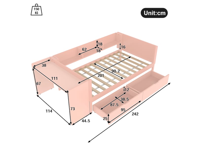  Modenvie lit enfant avec bureau 90x200 cm - avec 2 tiroirs et 3 étagères, sans matelas - rose  - Conforama C