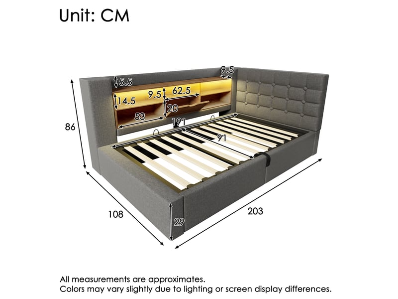  Lit coffre 90x190 cm, avec éclairage led, rangement hydraulique, tête de lit réversible, tissu lin gris, sans matelas  - Conforama C