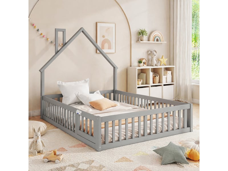  Lit enfant 140 x 190 cm gris avec forme de cheminée et sommier à lattes  - Conforama D