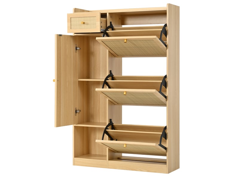Meuble à chaussures oslo rotin 80,5x25x125 cm, 3 tiroirs basculants, 1 tiroir & 1 porte - Conforama D