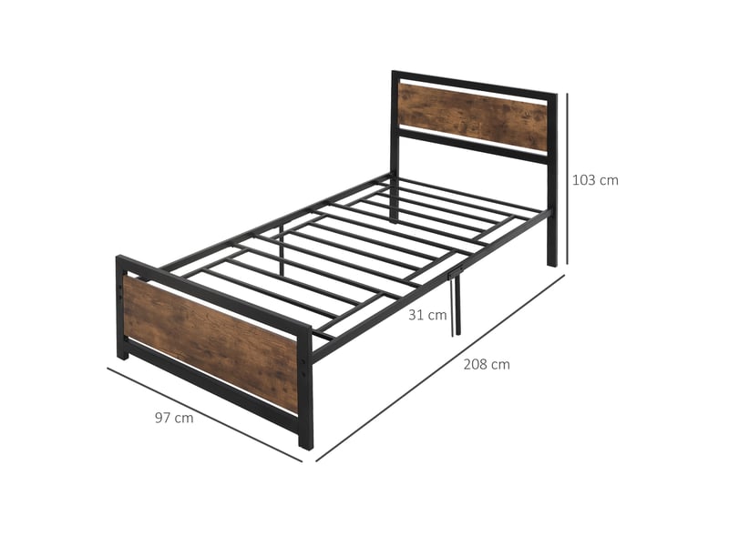  Cadre de lit simple 90x200 en métal et bois, style industriel vintage avec lattes intégrées  - Conforama E