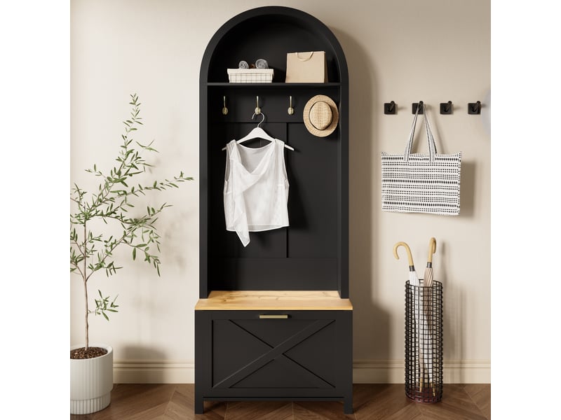  Meuble d'entrée avec patères, rangement à chaussures et tablette, en mdf couleur bois et noir, 75 × 35 × 195 cm  - Conforama C