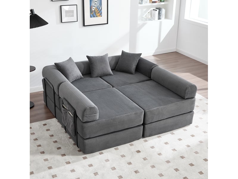 Canapé modulaire 4 places avec couchage d'appoint et poche latérale en velours côtelé gris foncé, 270 × 180 × 64 cm - Conforama E