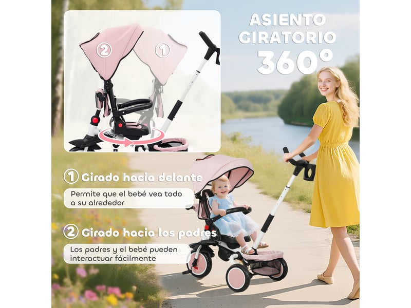  Tricycle convertible 6 en 1, pliable, siège pivotant à 360°, poignée parentale, dossier inclinable, capote, rose  - Conforama E
